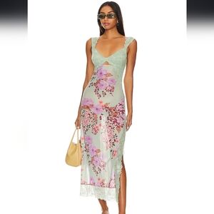 Free People Floral Midi Dress in Mint Green and Pink